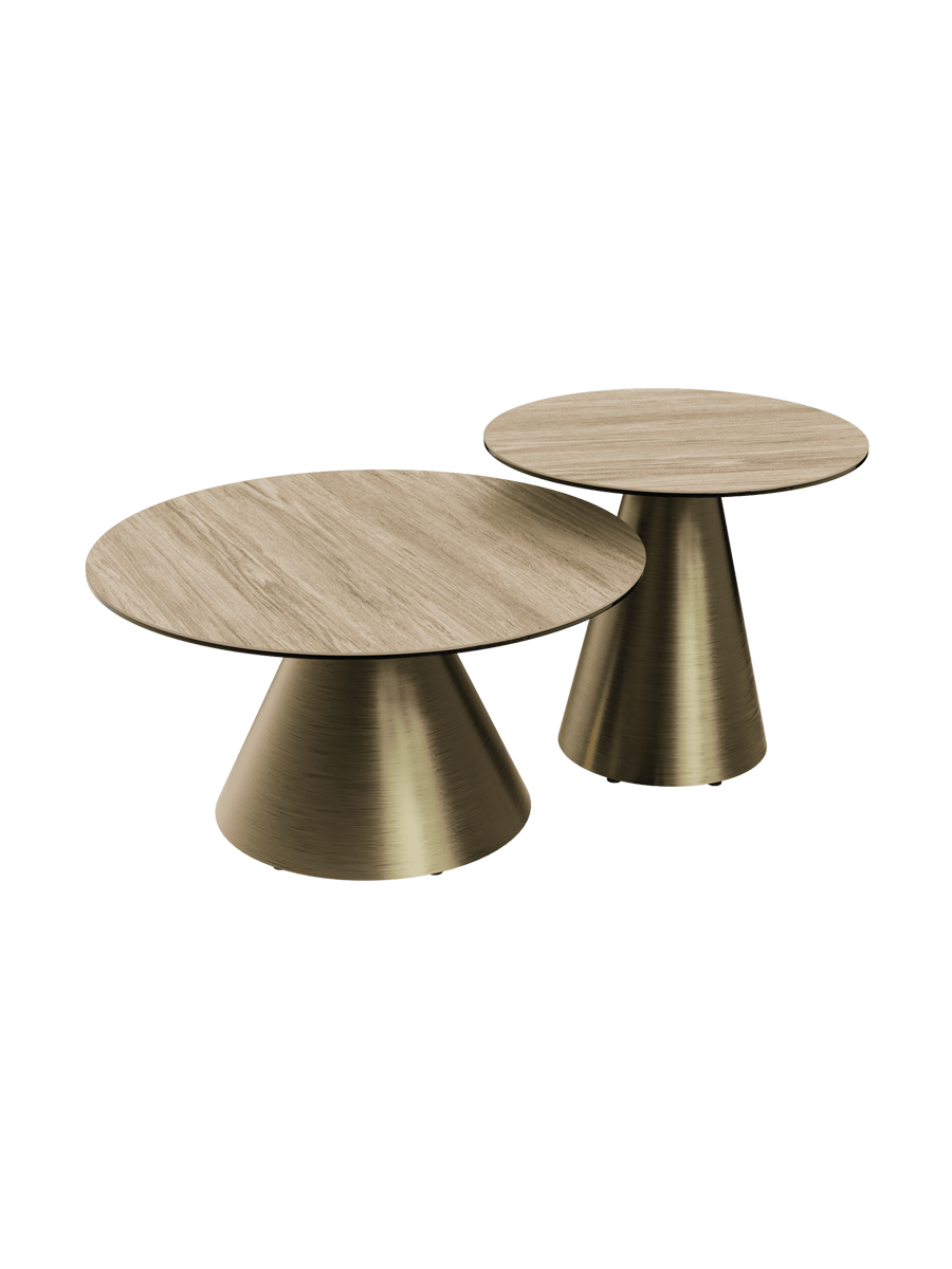 
Tavolino da salotto di design «Faro» Ø 70 cm - Piano del tavolo: rovere chiaro / Piedi: Bronzo