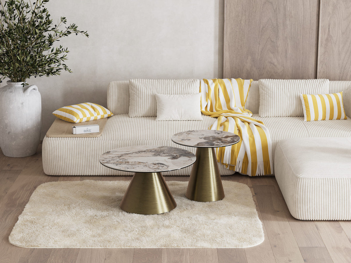 
Design Couchtisch „Faro“ Ø 70 cm - Tischplatte: Calcatta glänzend / Füsse: Bronze