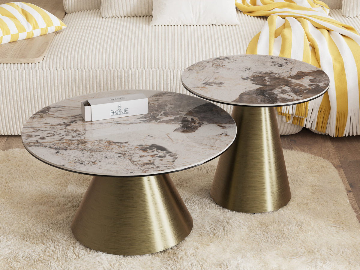 
Design Couchtisch „Faro“ Ø 70 cm - Tischplatte: Calcatta glänzend / Füsse: Bronze