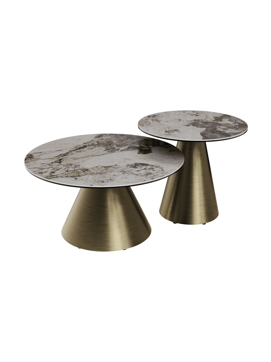 
Design Couchtisch „Faro“ Ø 70 cm - Tischplatte: Calcatta glänzend / Füsse: Bronze