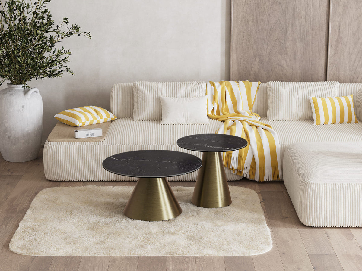 
Tavolino da salotto di design «Faro» Ø 70 cm - Piano del tavolo: Marquina opaco / Gambe: Bronzo