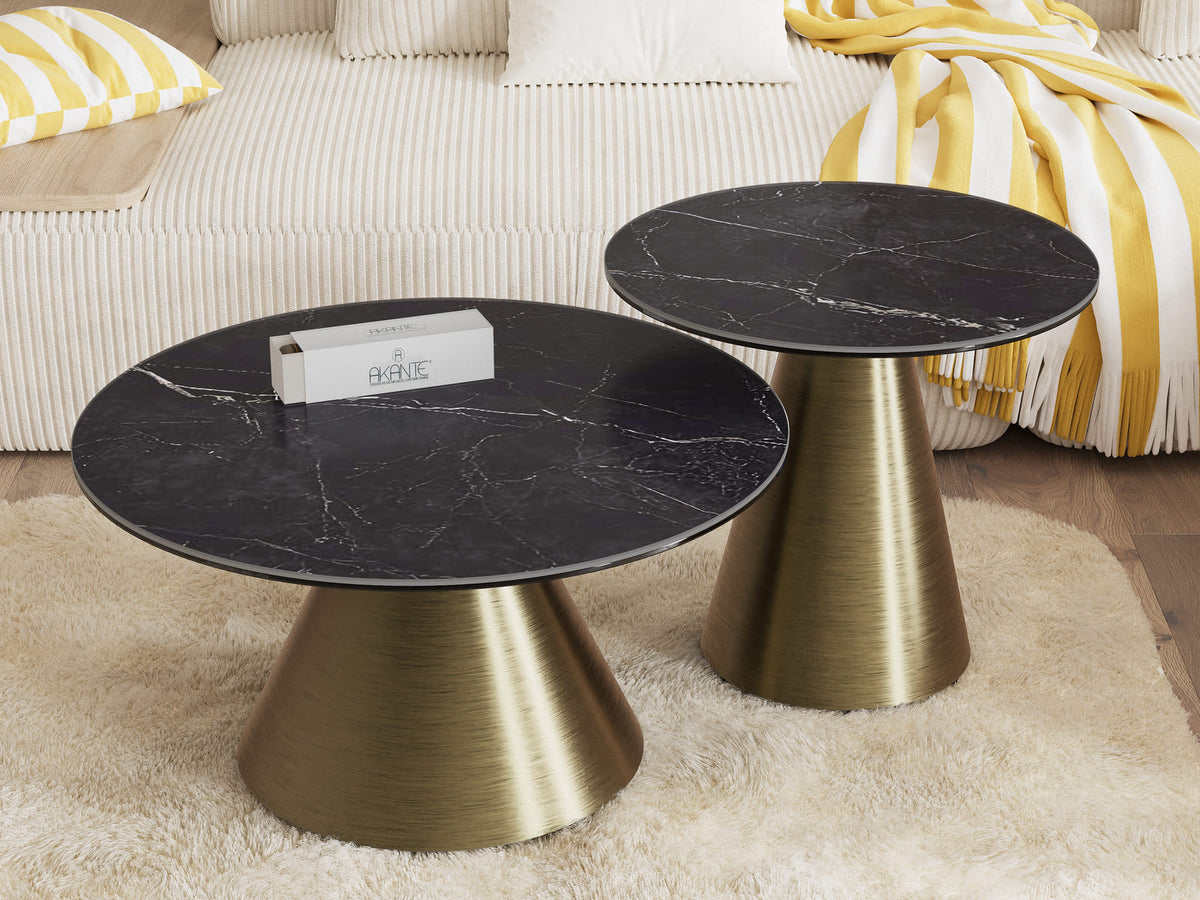 
Tavolino da salotto di design «Faro» Ø 70 cm - Piano del tavolo: Marquina opaco / Gambe: Bronzo