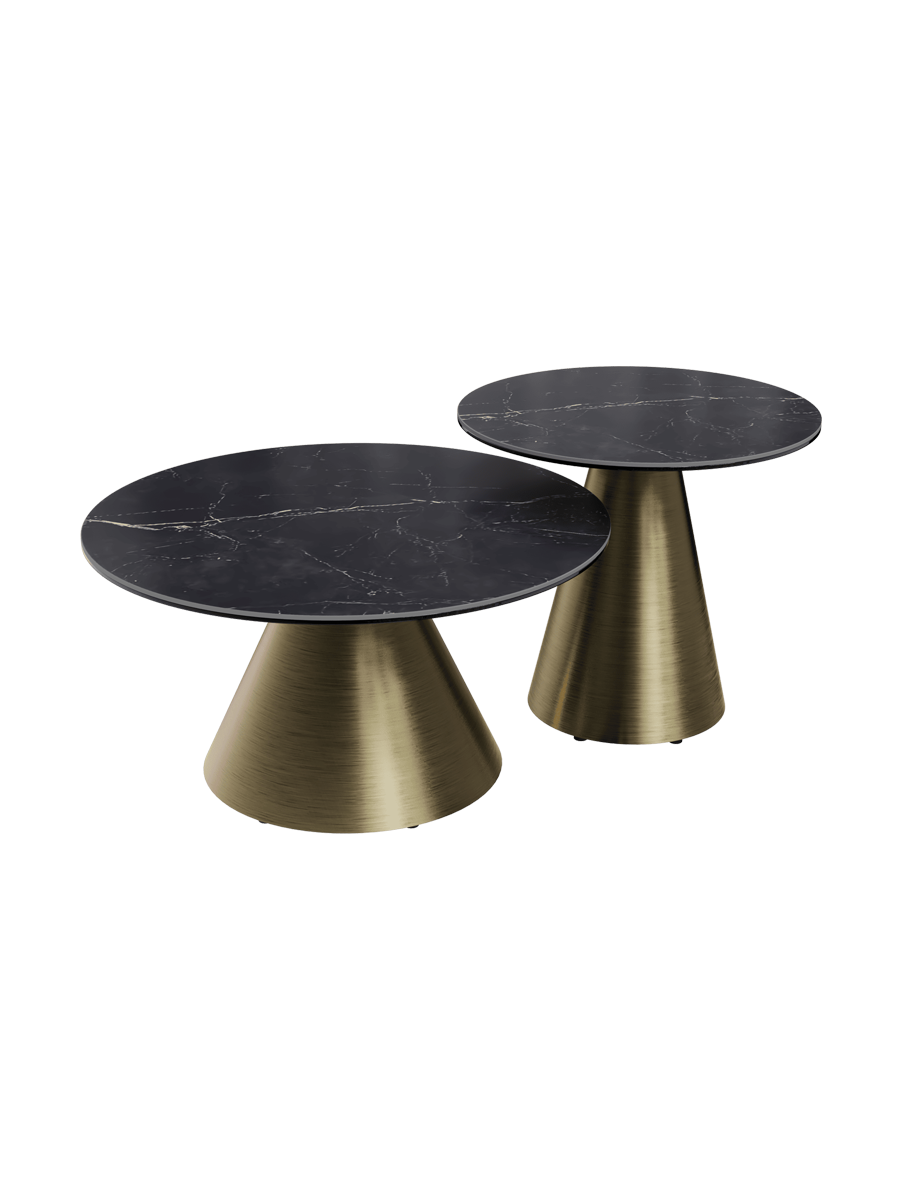 
Tavolino da salotto di design «Faro» Ø 70 cm - Piano del tavolo: Marquina opaco / Gambe: Bronzo