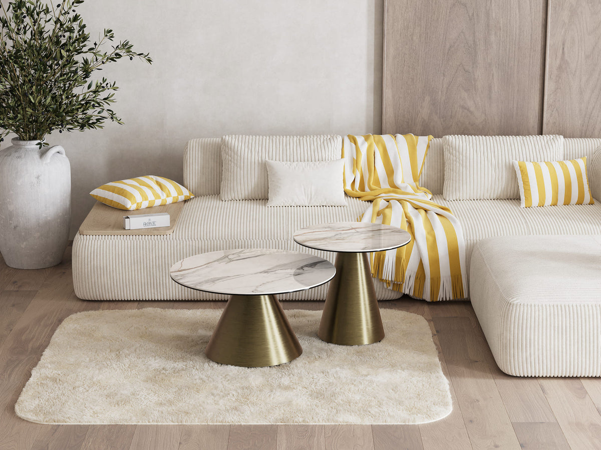 
Tavolino da salotto di design «Faro» Ø 70 cm - Piano del tavolo: Fiorentino lucido / Gambe: Bronzo