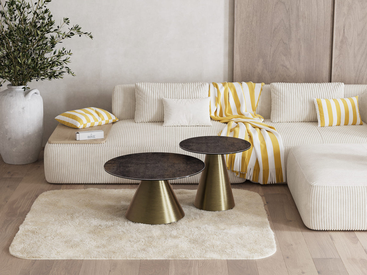 
Design Couchtisch „Faro“ Ø 70 cm - Tischplatte: Rostbraun / Füsse: Bronze