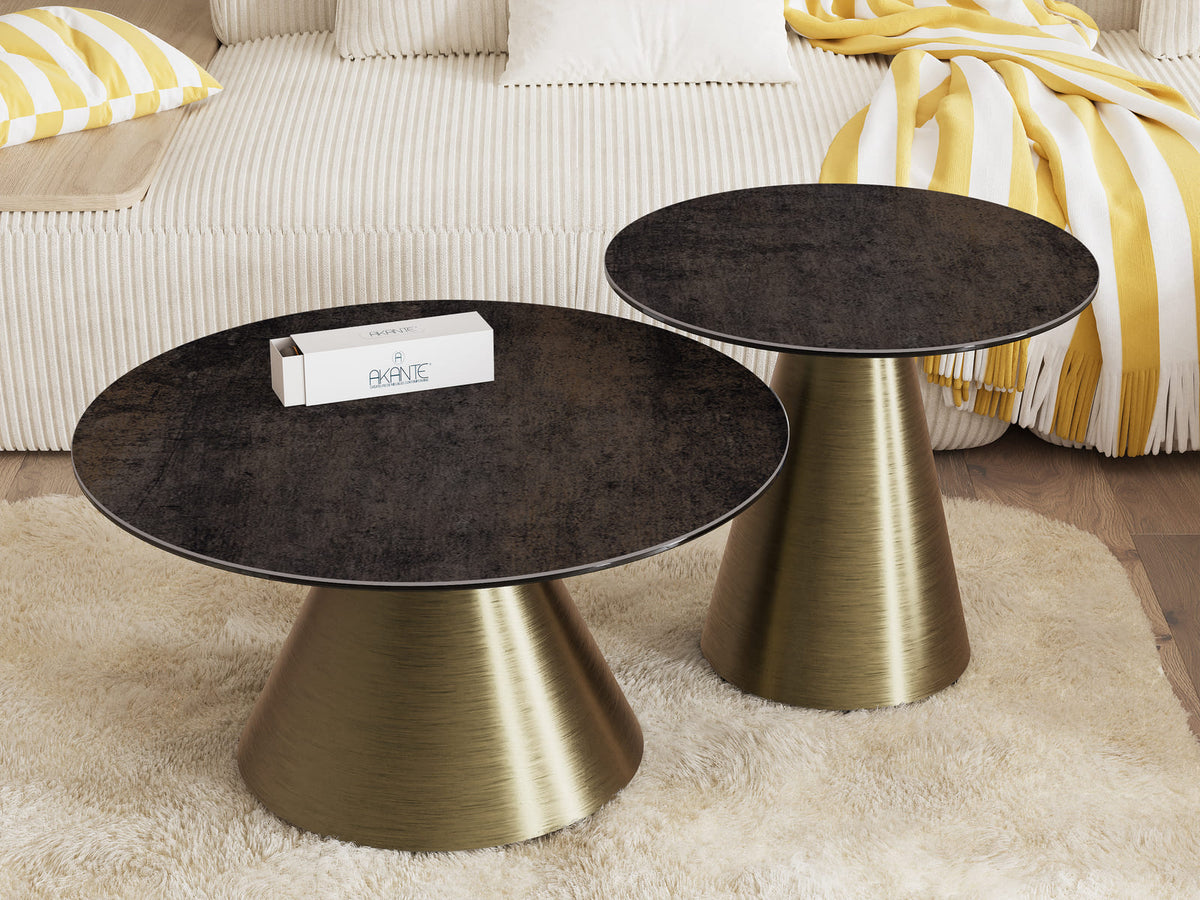 
Design Couchtisch „Faro“ Ø 70 cm - Tischplatte: Rostbraun / Füsse: Bronze
