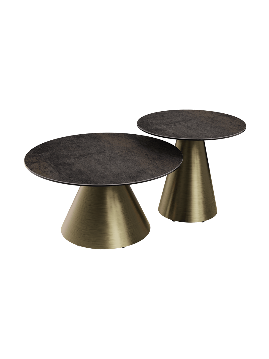 
Design Couchtisch „Faro“ Ø 70 cm - Tischplatte: Rostbraun / Füsse: Bronze