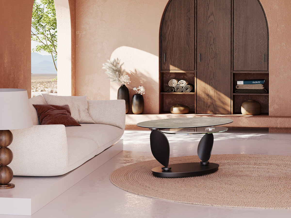 
Ausziehbarer, flexibler Design Keramik Couchtisch „Rosa“ - Zementgrau