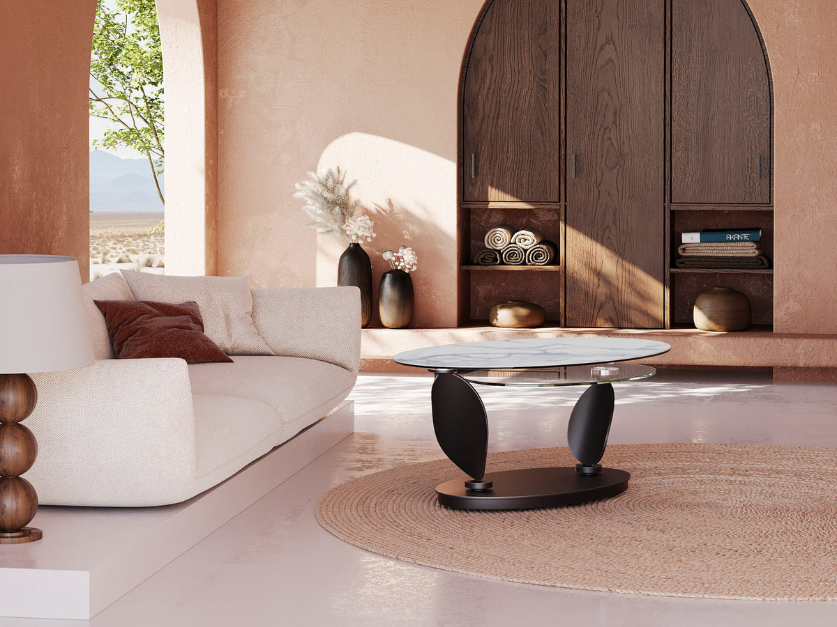 
Tavolino da caffè allungabile e flessibile in ceramica di design «Rosa» - Effetto marmo Bianco