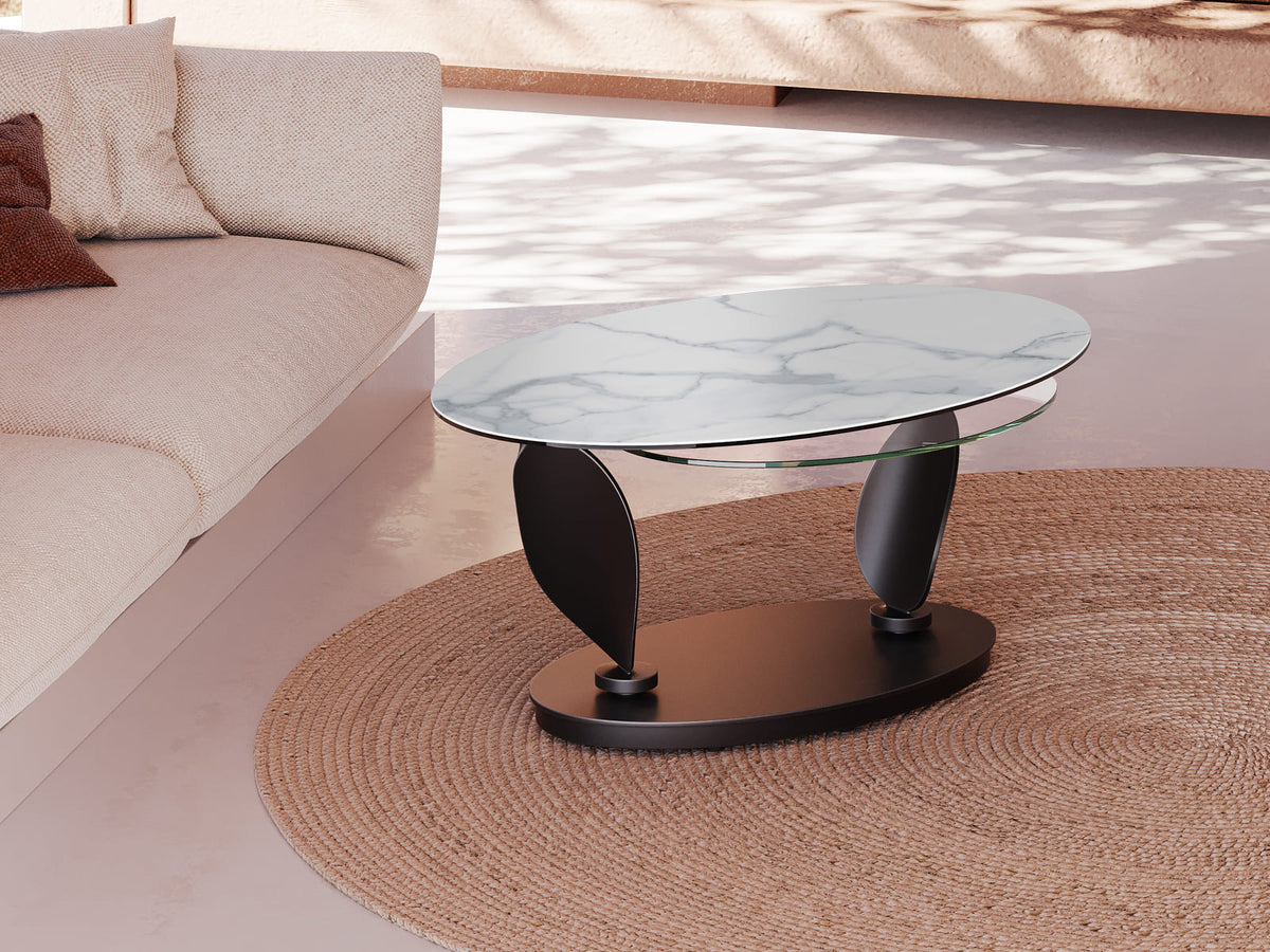 
Tavolino da caffè allungabile e flessibile in ceramica di design «Rosa» - Effetto marmo Bianco