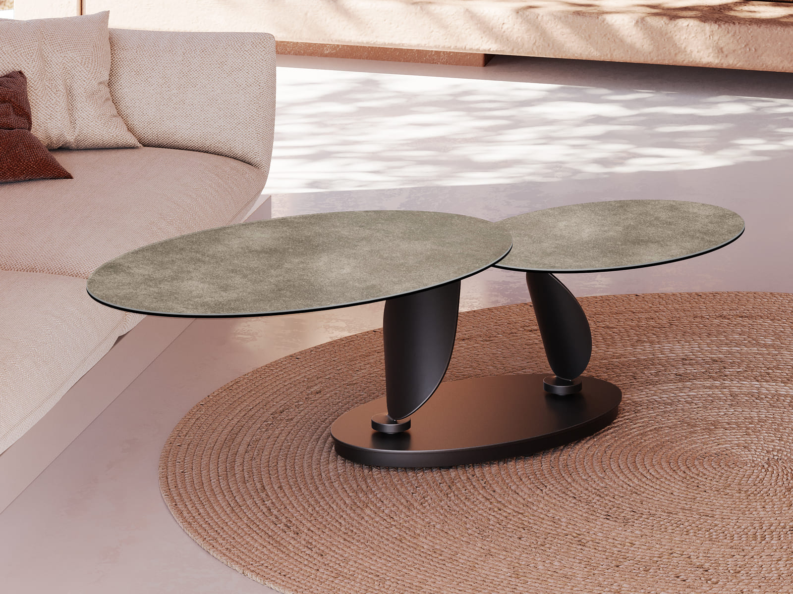 
Extendable, Flexible Designer Ceramic Coffee Table "Rosa Double" - Cement Grey