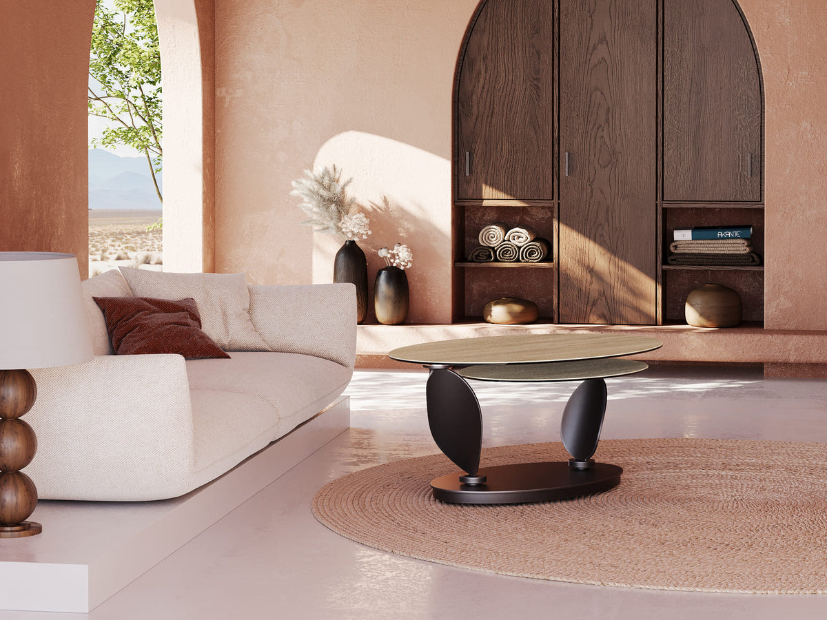 
Ausziehbarer, flexibler Design Keramik Couchtisch „Rosa Double“ - Keramik Eiche hell
