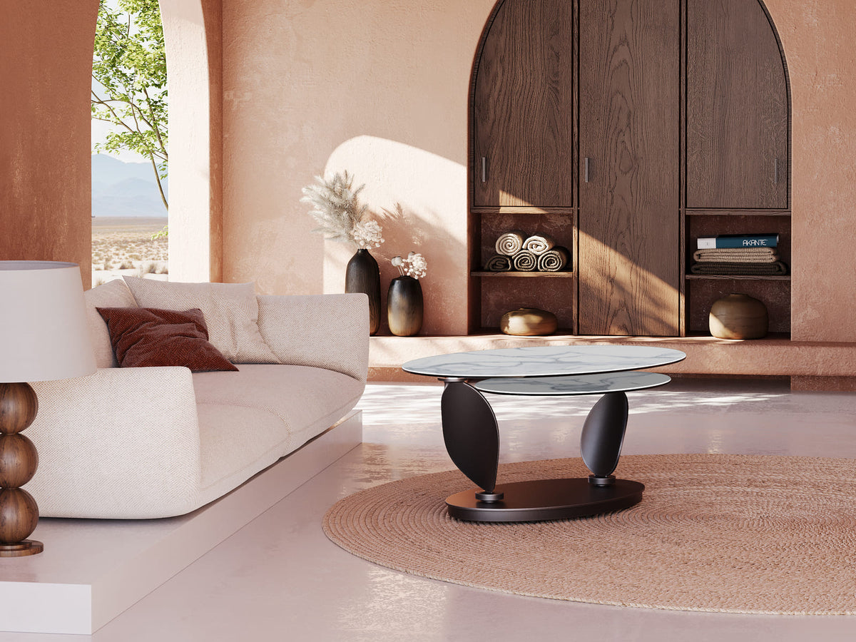
Ausziehbarer, flexibler Design Keramik Couchtisch „Rosa Double“ - Marmoroptik Weiss