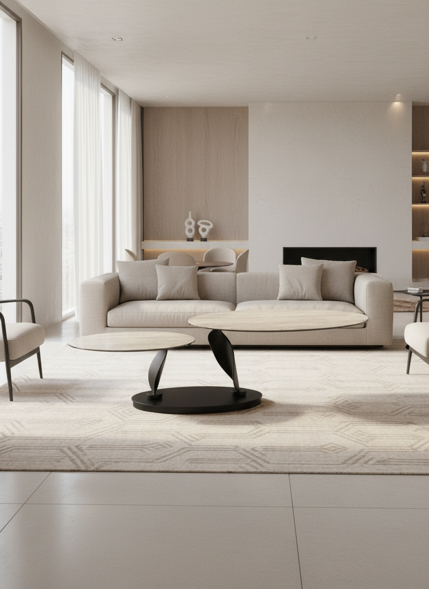 
Ausziehbarer, flexibler Design Keramik Couchtisch „Rosa Double“ - Travertin