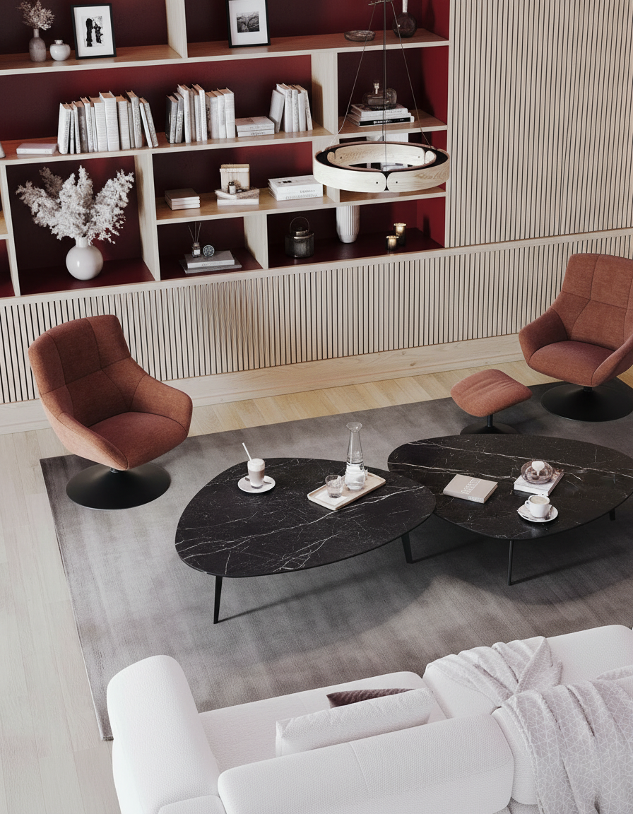 
Grosser Design Couchtisch „Grande Galet“ 140 x 120 cm - Marmoroptik Marquina / Höhe 43 cm