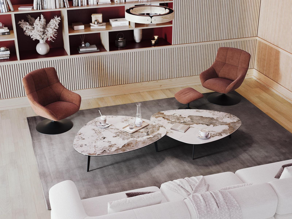 
Grosser Design Couchtisch „Grande Galet“ 140 x 120 cm - Marmoroptik Calcatta / Höhe 50 cm