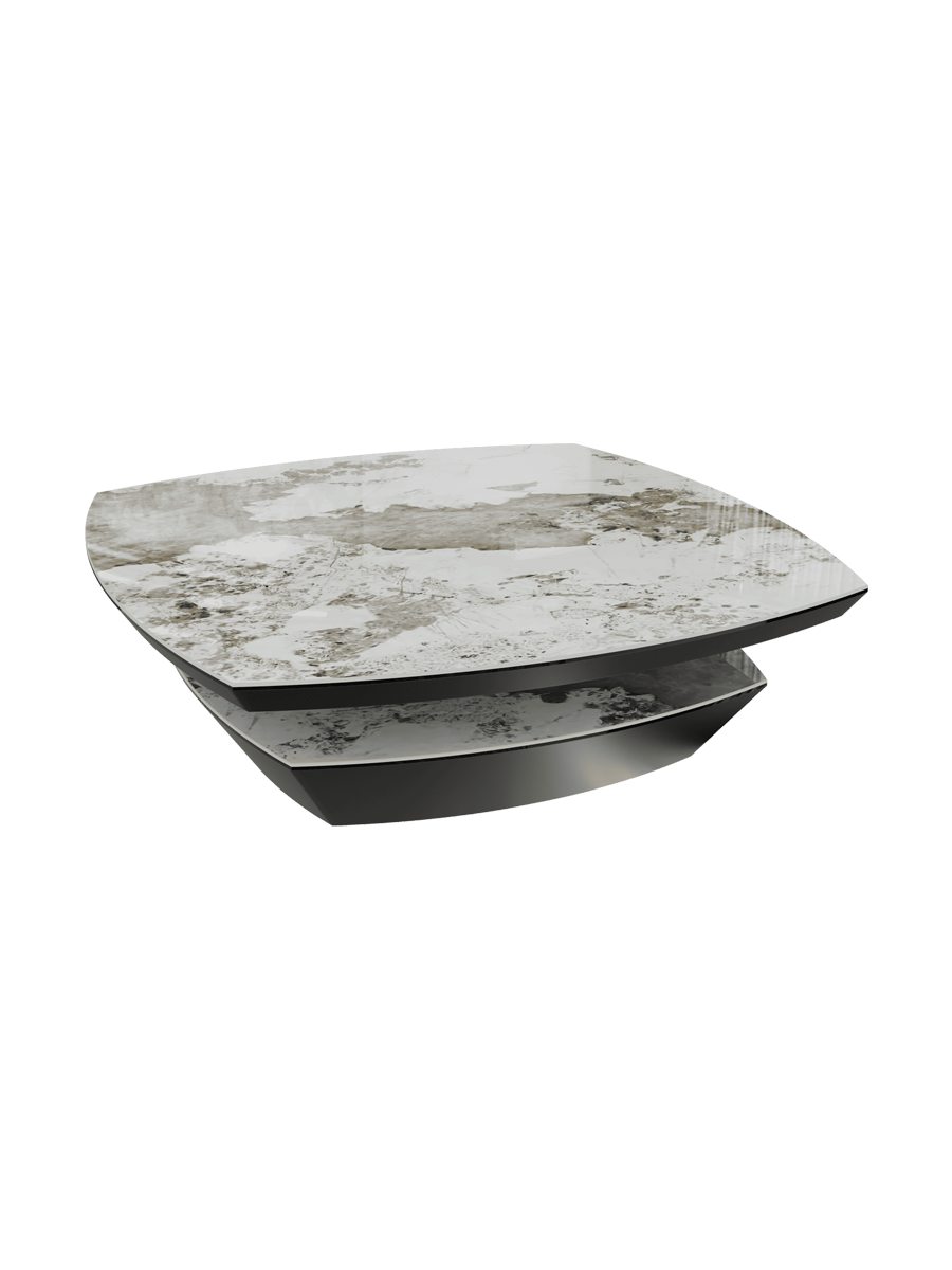 
Grosser Design Couchtisch „Dolmen“ 120 x 120 cm - Marmoroptik Calcatta glänzend