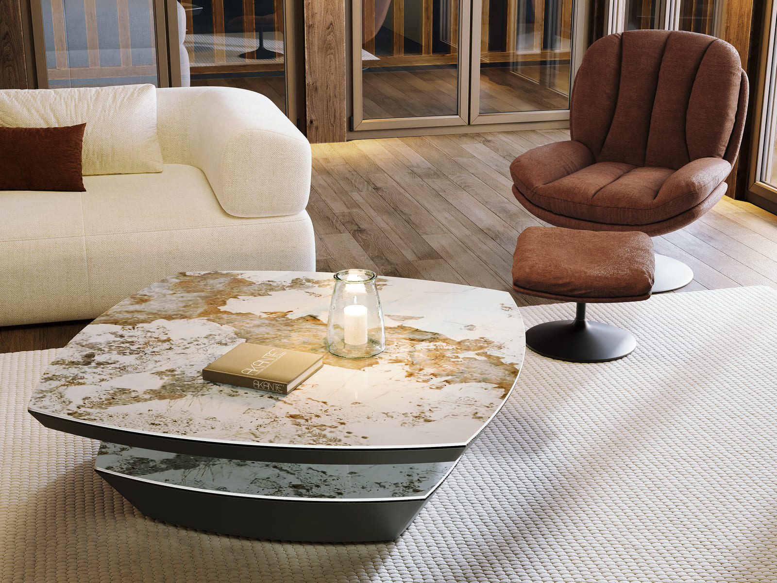 
Grosser Design Couchtisch „Dolmen“ 120 x 120 cm - Marmoroptik Calcatta glänzend