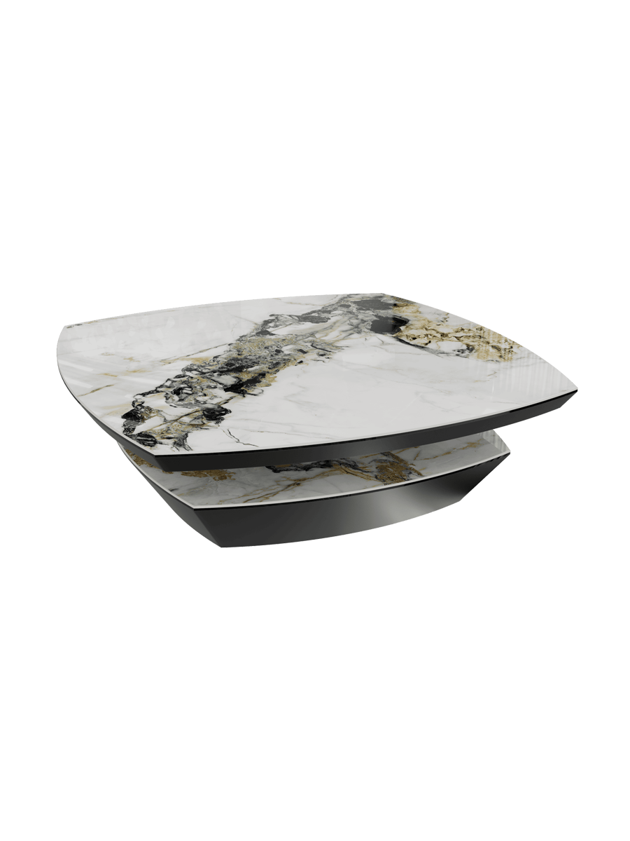 
Grosser Design Couchtisch „Dolmen“ 120 x 120 cm - Marmoroptik Calcatta glänzend