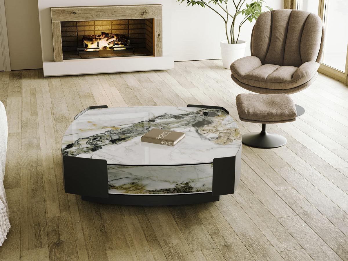 
Grande tavolino da salotto di design «Carnac» 120 x 120 cm - Effetto marmo Doro lucido