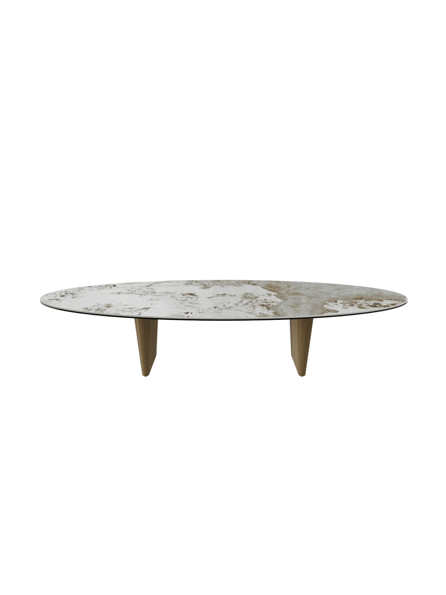 
Grosser Design Couchtisch „Goliath“ - Tischplatte: Marmoroptik Calcatta / Füsse: Bronze / Länge 140 cm, Breite 70 cm, Höhe 33 cm