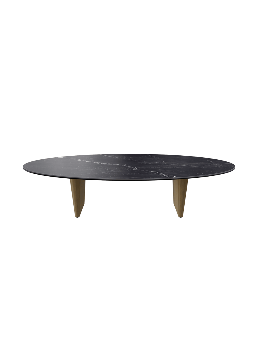 
Grande table basse design « Goliath » - Plateau de table : aspect marbre Marquina / Piétement : bronze / Longueur 140 cm, largeur 70 cm, hauteur 33 cm