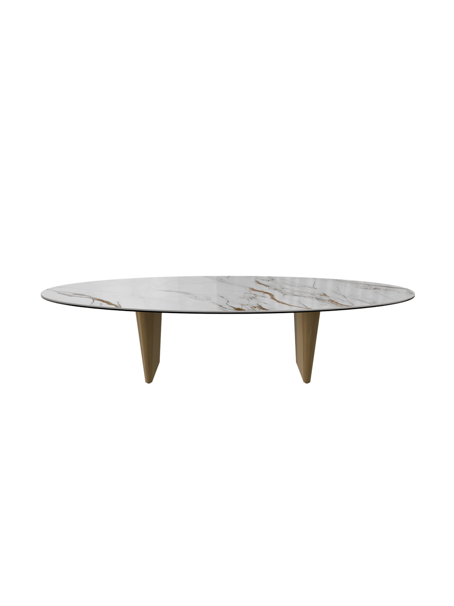 
Grosser Design Couchtisch „Goliath“ - Tischplatte: Marmoroptik Fiorentino / Füsse: Bronze / Länge 140 cm, Breite 70 cm, Höhe 33 cm