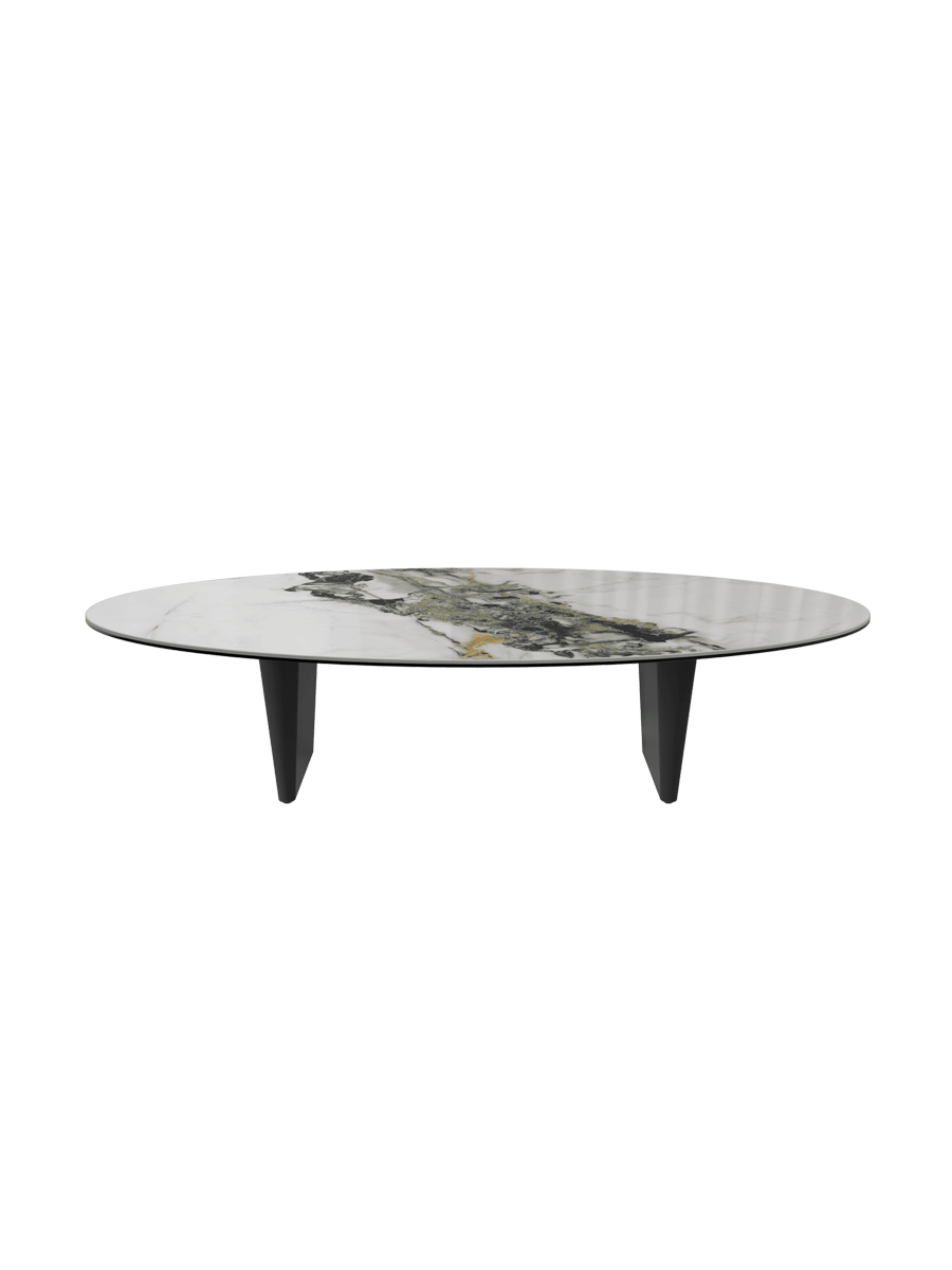
Grosser Design Couchtisch „Goliath“ - Tischplatte: Marmoroptik Doro / Füsse: Schwarz / Länge 140 cm, Breite 70 cm, Höhe 33 cm