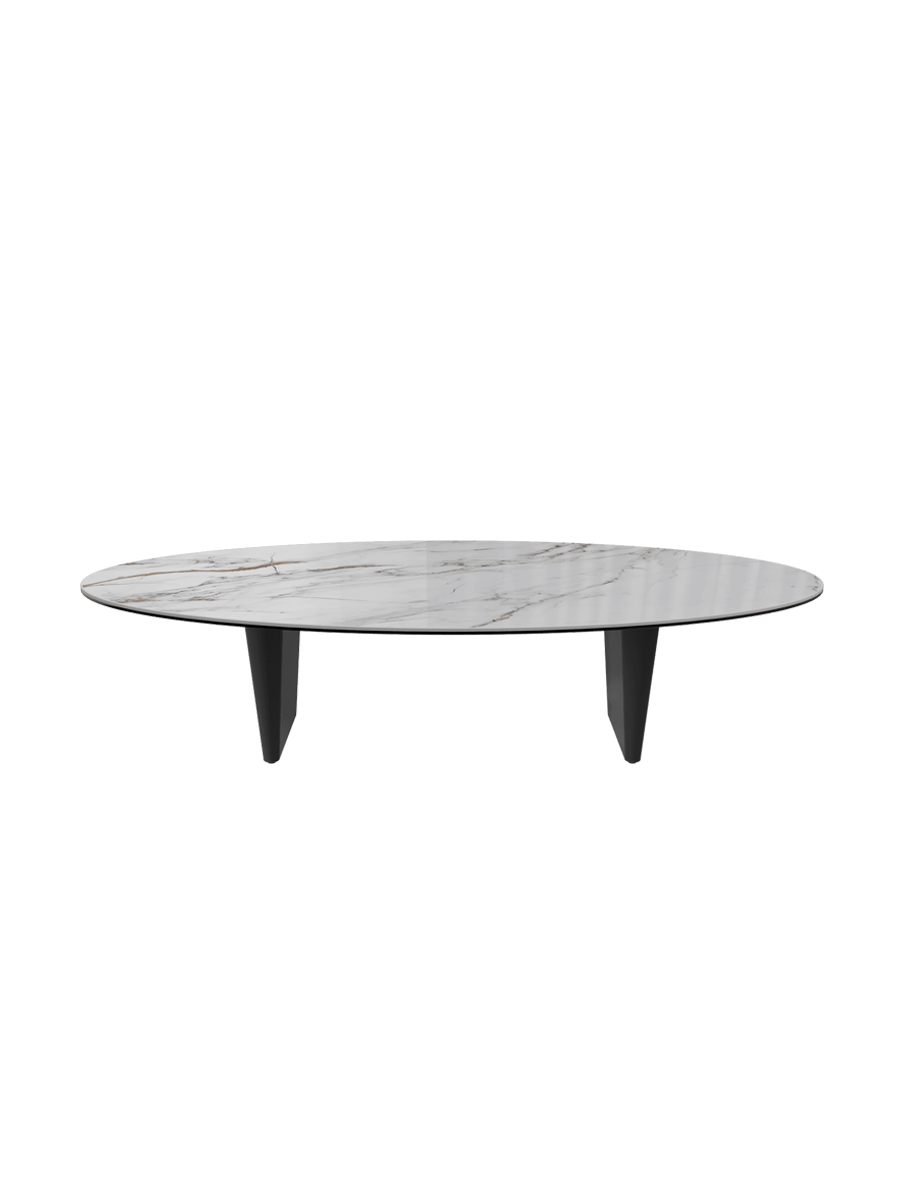 
Grosser Design Couchtisch „Goliath“ - Tischplatte: Marmoroptik Fiorentino / Füsse: Schwarz / Länge 140 cm, Breite 70 cm, Höhe 33 cm