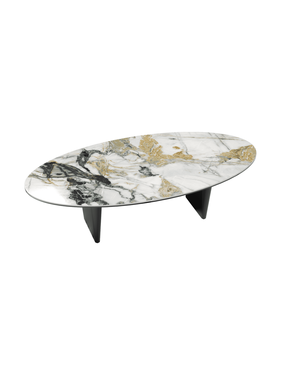 
Grande tavolino da salotto di design «Goliath» - Piano del tavolo: effetto marmo Doro / Piedi: Nero / Lunghezza 140 cm, larghezza 70 cm, altezza 38 cm