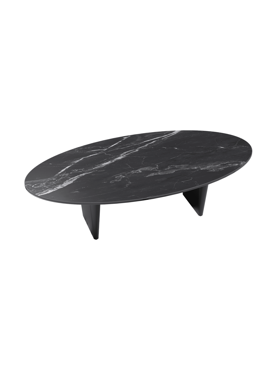 
Grosser Design Couchtisch „Goliath“ - Tischplatte: Marmoroptik Marquina / Füsse: Schwarz / Länge 140 cm, Breite 70 cm, Höhe 38 cm
