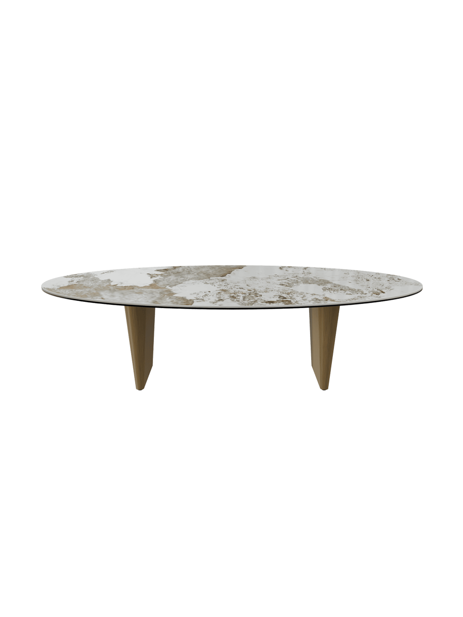 
Grosser Design Couchtisch „Goliath“ - Tischplatte: Marmoroptik Calcatta / Füsse: Bronze / Länge 140 cm, Breite 70 cm, Höhe 38 cm