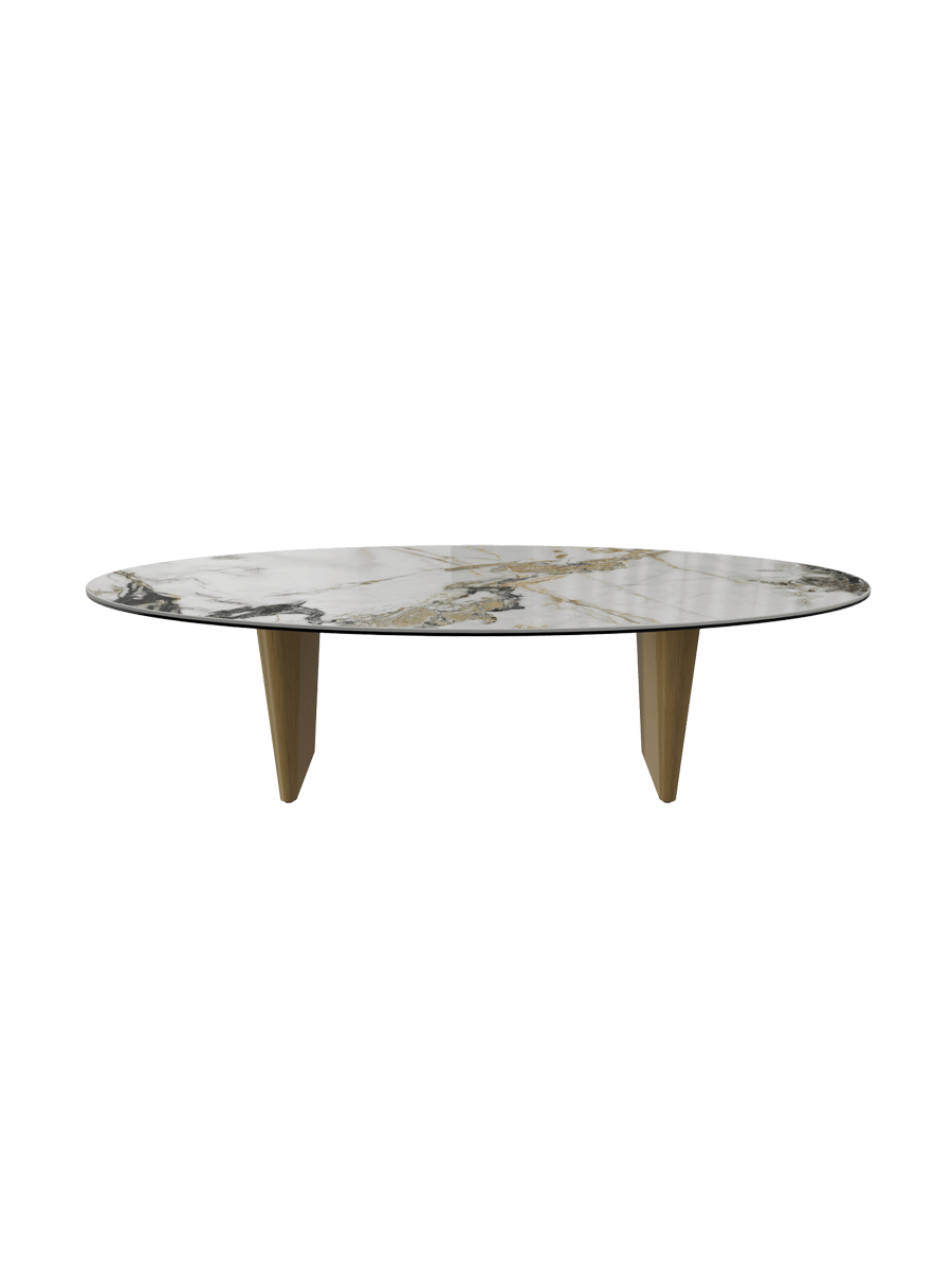 
Grande tavolino da salotto di design «Goliath» - Piano del tavolo: effetto marmo Doro / gambe: Bronzo / Lunghezza 140 cm, larghezza 70 cm, altezza 38 cm