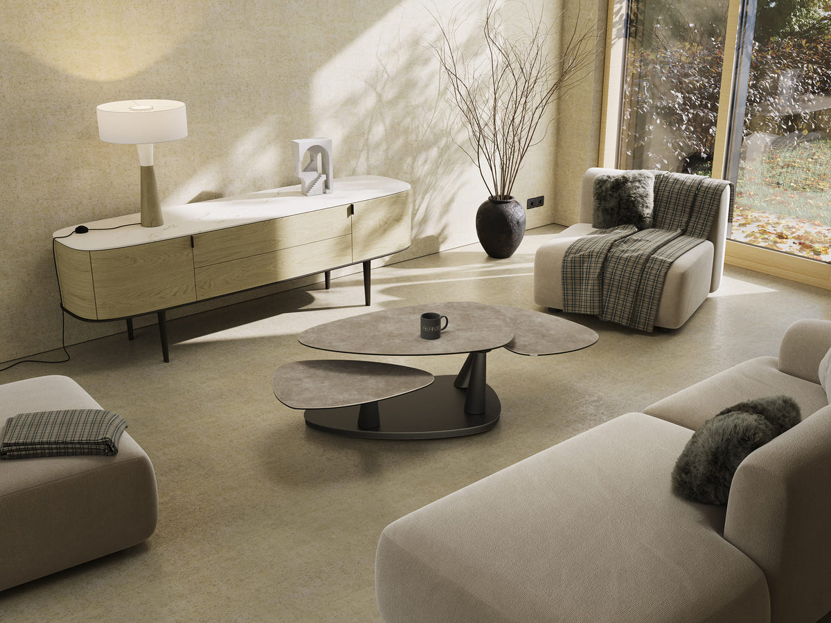 
Ausziehbarer, flexibler Design Keramik Couchtisch „Camelias“ - Keramik Zementgrau