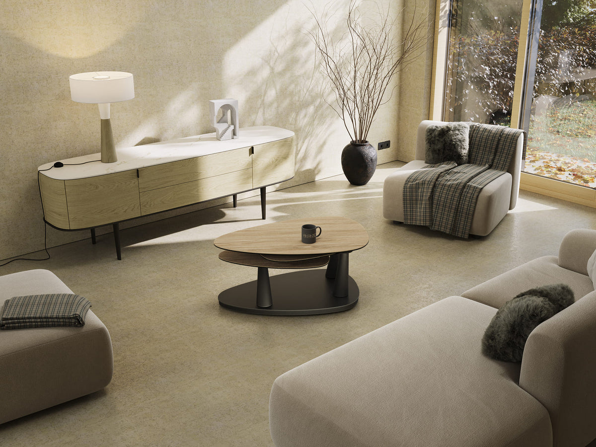 
Ausziehbarer, flexibler Design Keramik Couchtisch „Camelias“ - Keramik Eiche hell