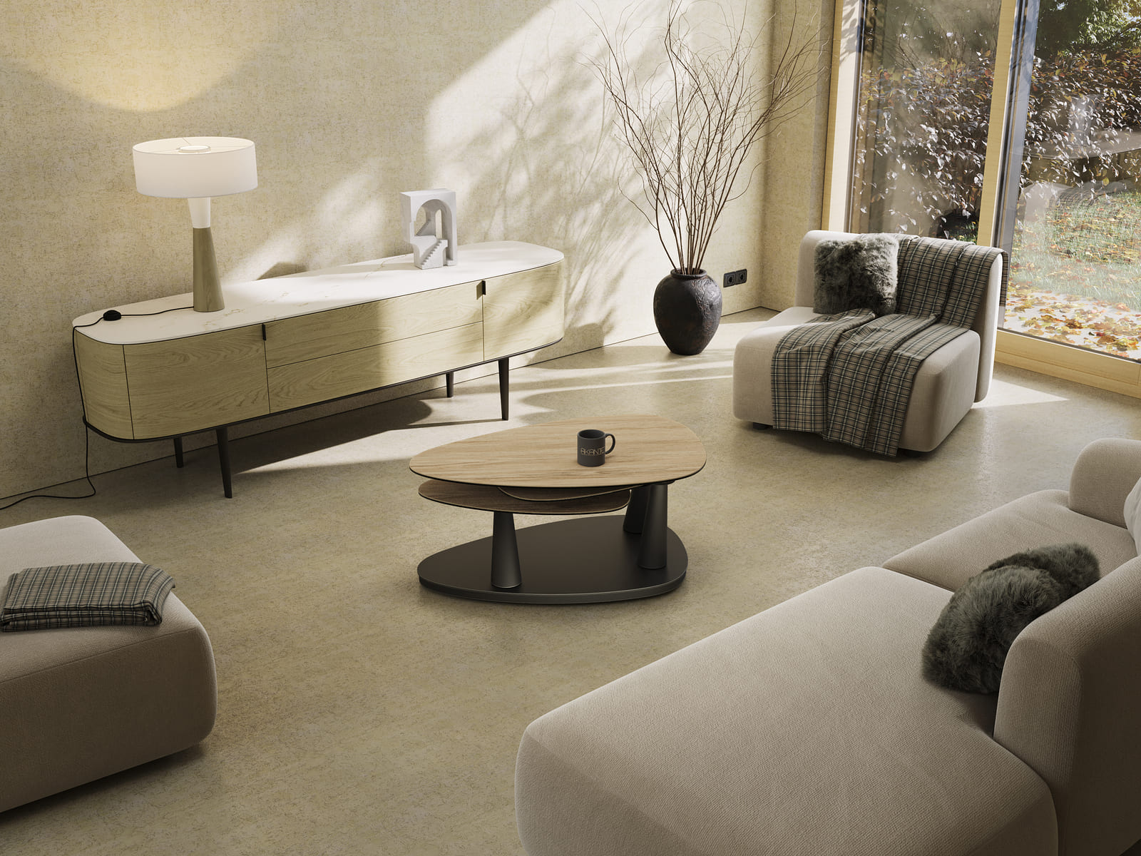
Extendable, Flexible Designer Ceramic Coffee Table "Camelias" - Ceramic Light Oak