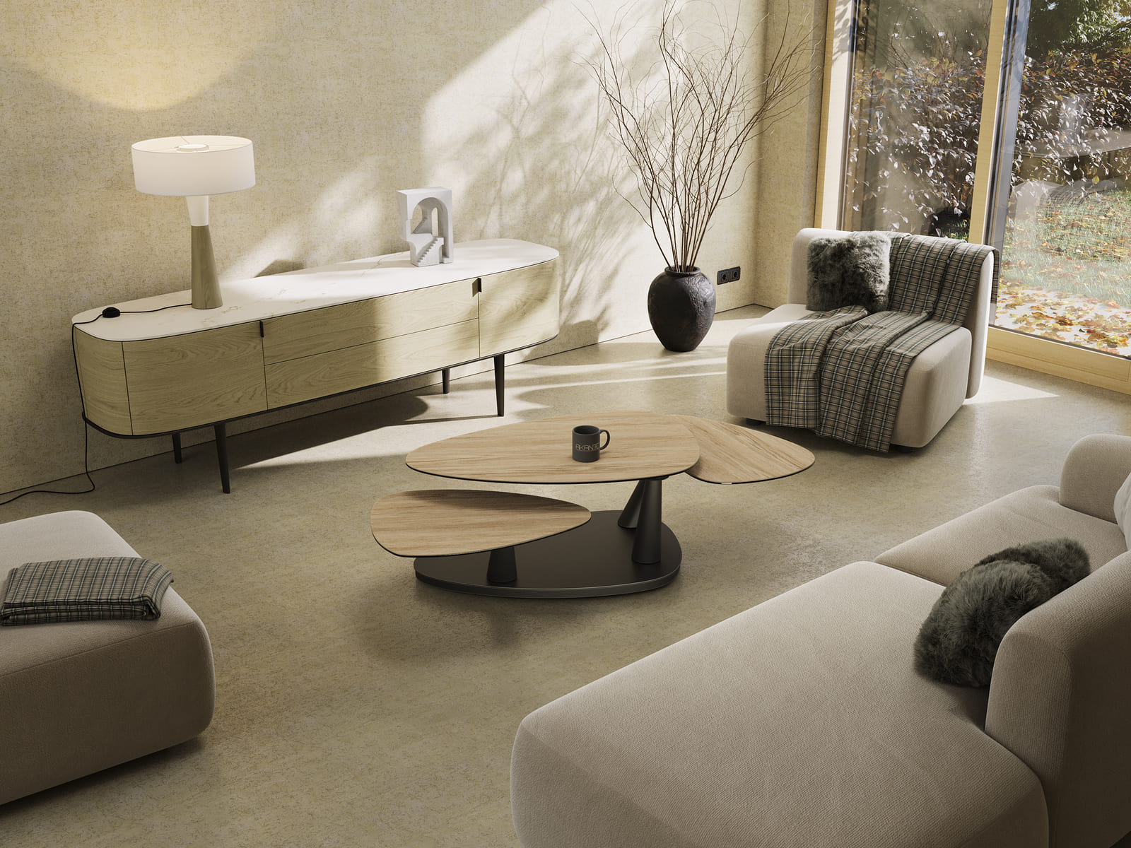 
Extendable, Flexible Designer Ceramic Coffee Table "Camelias" - Ceramic Light Oak