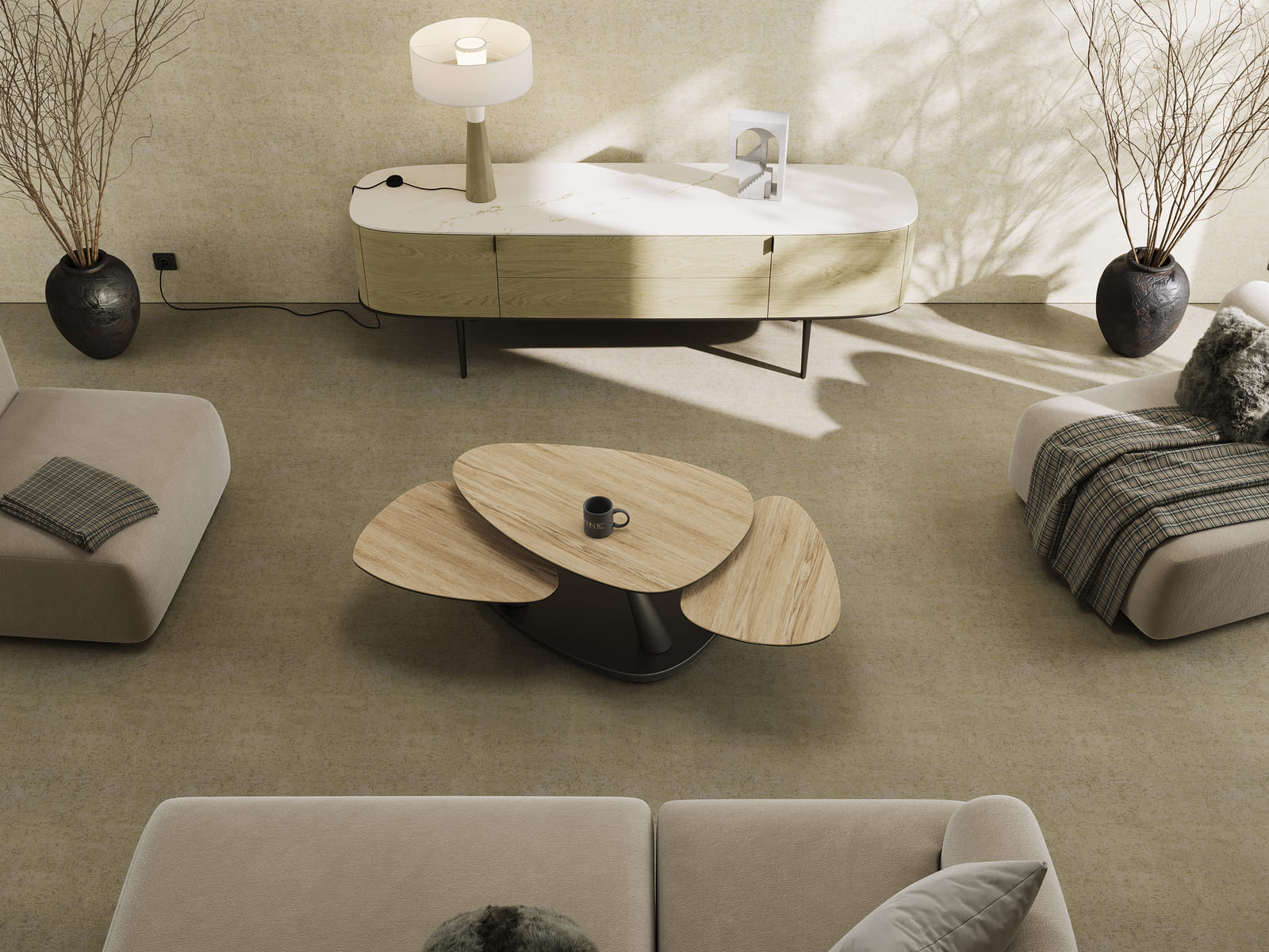 
Extendable, Flexible Designer Ceramic Coffee Table "Camelias" - Ceramic Light Oak