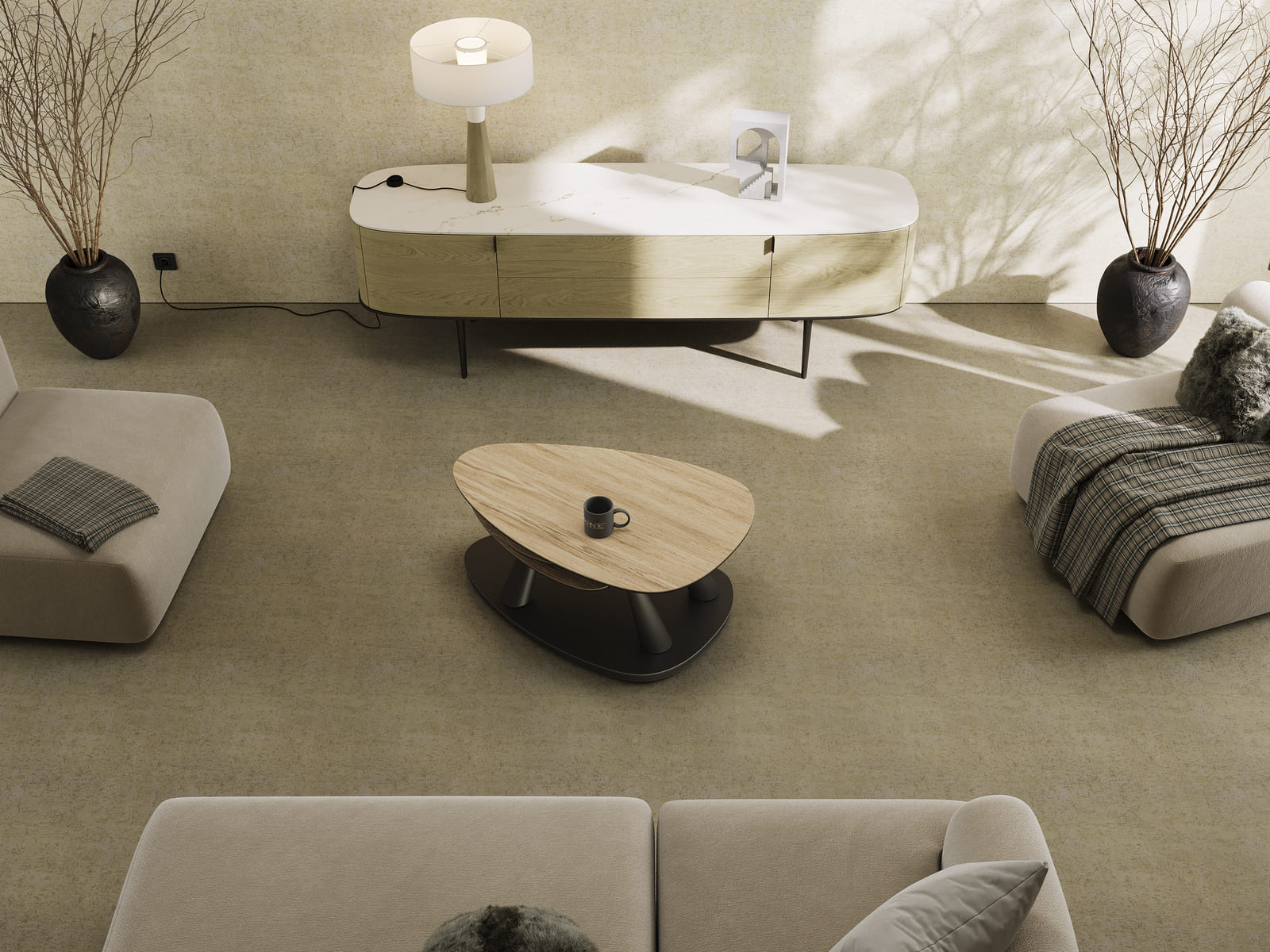 
Extendable, Flexible Designer Ceramic Coffee Table "Camelias" - Ceramic Light Oak