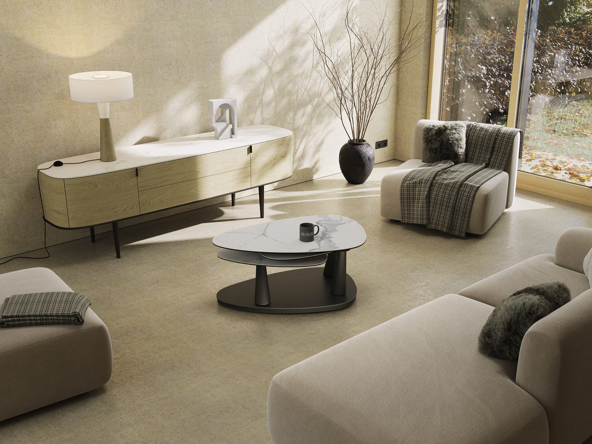 
Ausziehbarer, flexibler Design Keramik Couchtisch „Camelias“ - Keramik Marmoroptik Weiss