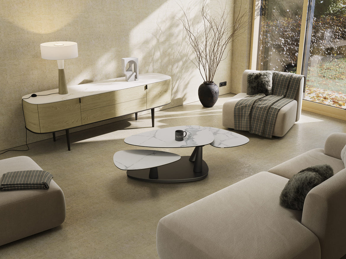 
Table basse extensible et modulable design en céramique « Camelias » - Céramique aspect marbre blanc