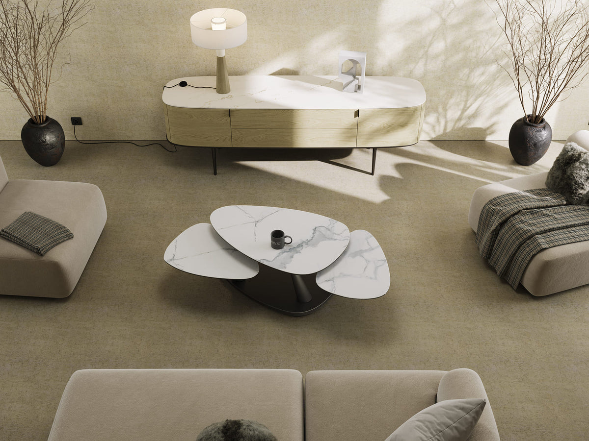 
Table basse extensible et modulable design en céramique « Camelias » - Céramique aspect marbre blanc