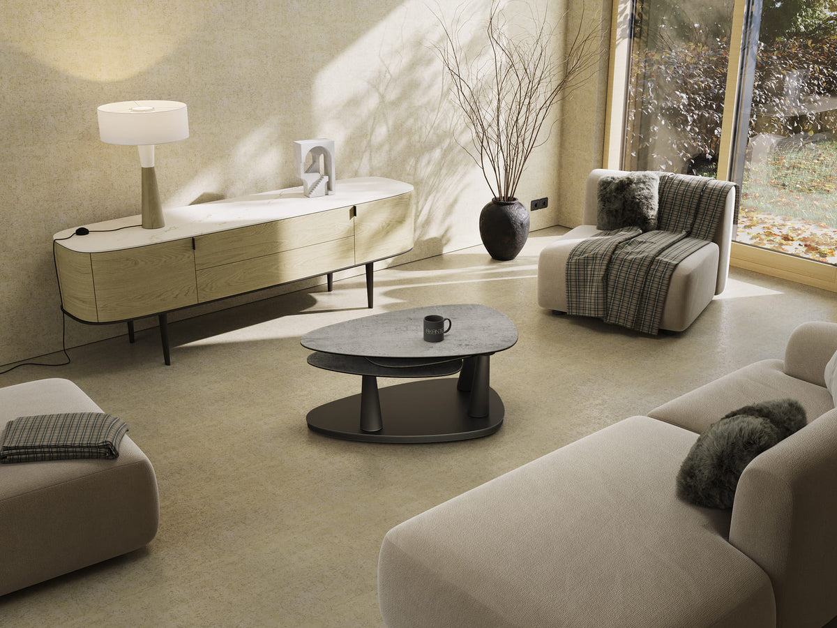 
Ausziehbarer, flexibler Design Keramik Couchtisch „Camelias“ - Keramik Silver