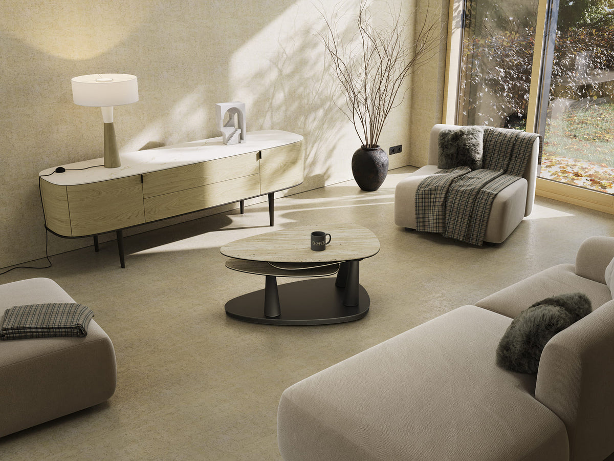 
Ausziehbarer, flexibler Design Keramik Couchtisch „Camelias“ - Keramik Travertin