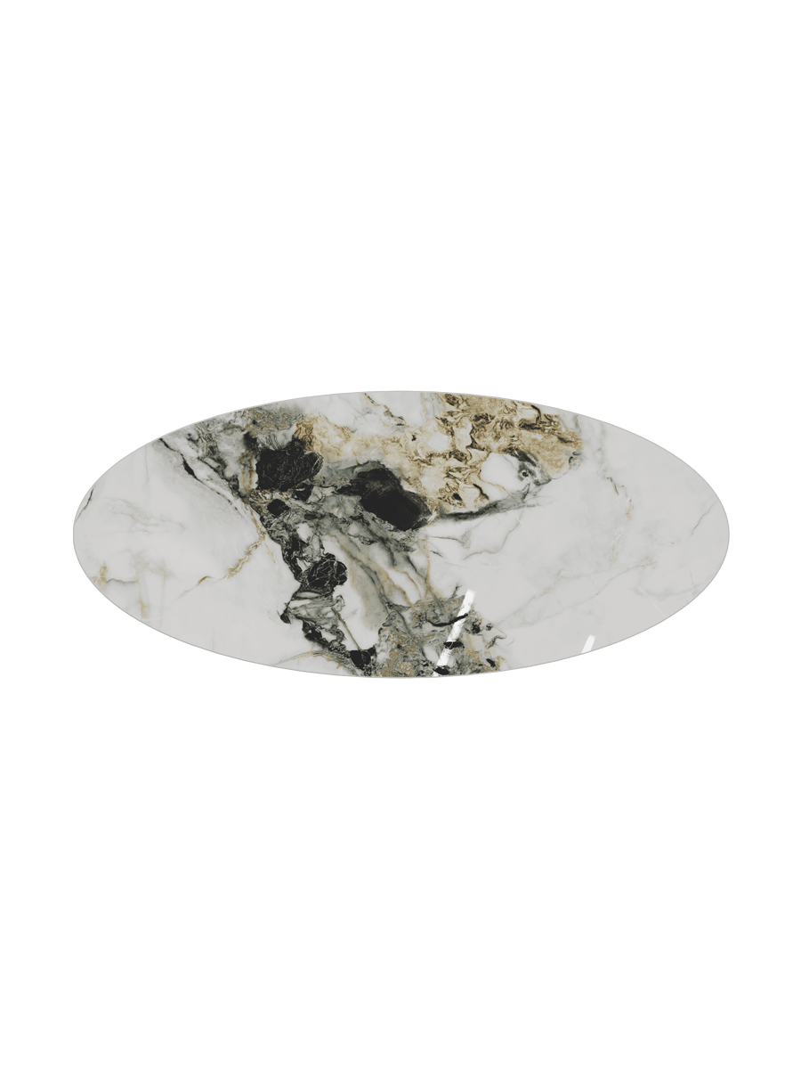 
Grande table basse design « Goliath » - Plateau : effet marbre Doro / Pieds : bronze / Longueur 160 cm, largeur 70 cm, hauteur 33 cm