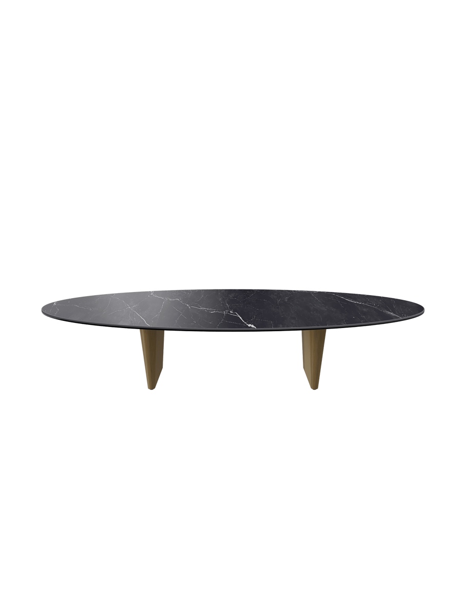 
Grosser Design Couchtisch „Goliath“ - Tischplatte: Marmoroptik Marquina / Füsse: Bronze / Länge 160 cm, Breite 70 cm, Höhe 33 cm