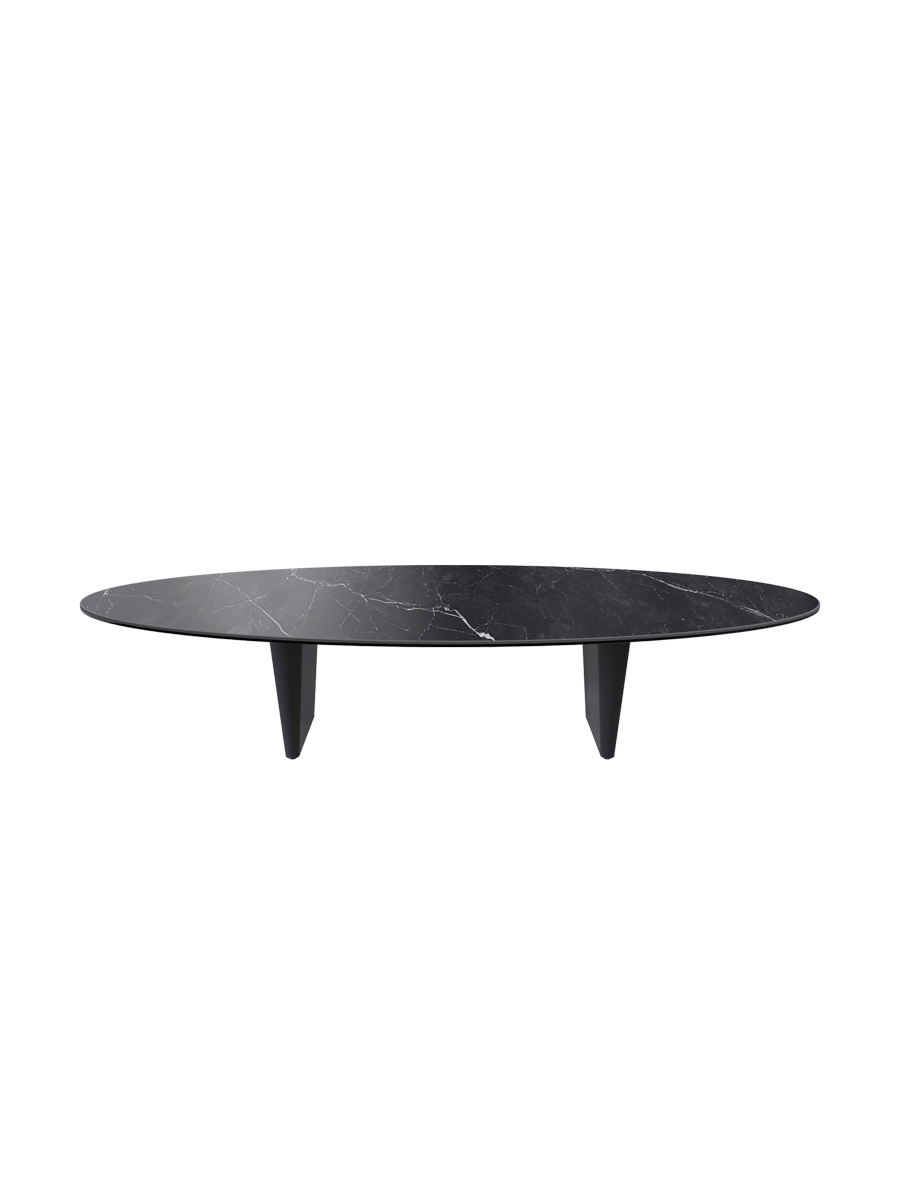 
Grande tavolino da salotto di design «Goliath» - Piano del tavolo: effetto marmo Marquina / Gambe: Nero / Lunghezza 160 cm, larghezza 70 cm, altezza 33 cm