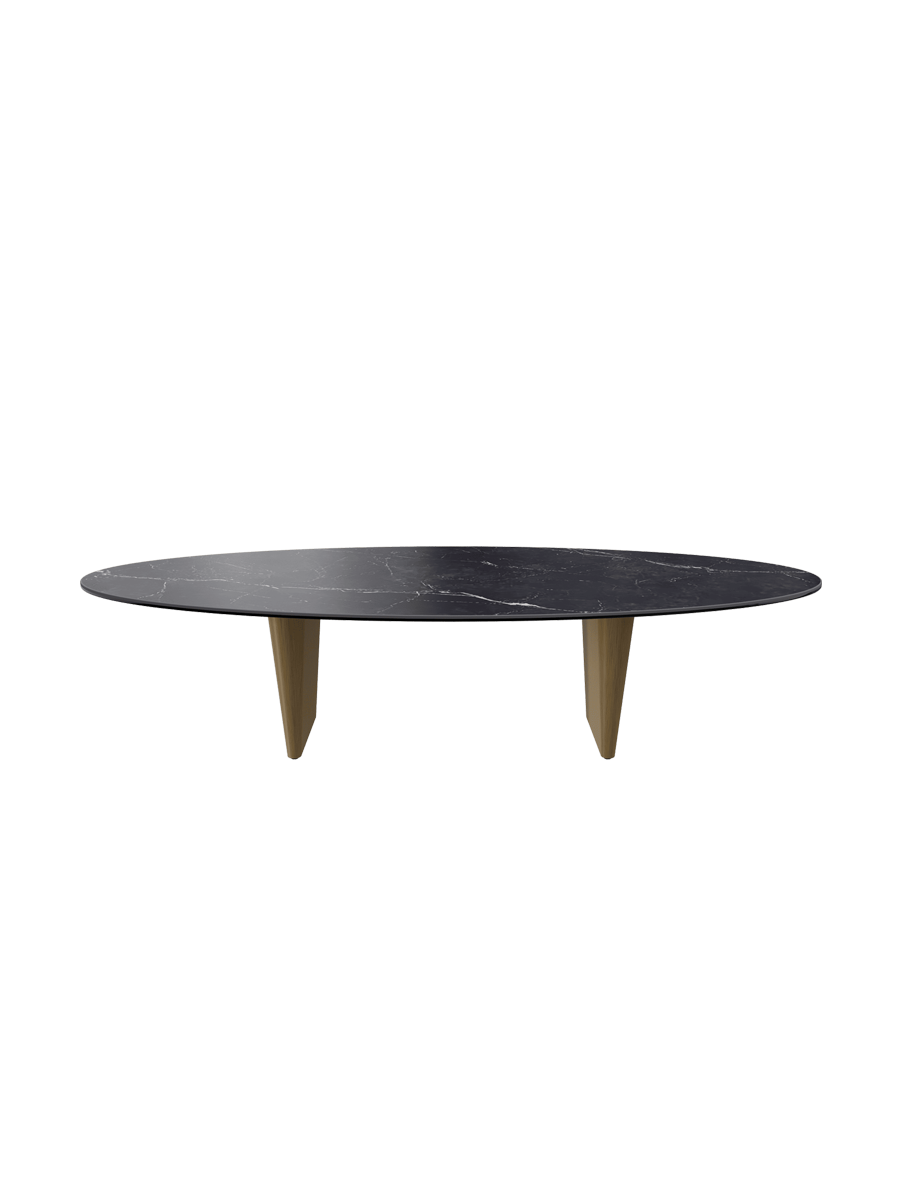 
Grande tavolino da salotto di design «Goliath» - Piano del tavolo: effetto marmo Marquina / Piedi: bronzo / Lunghezza 160 cm, larghezza 70 cm, altezza 38 cm