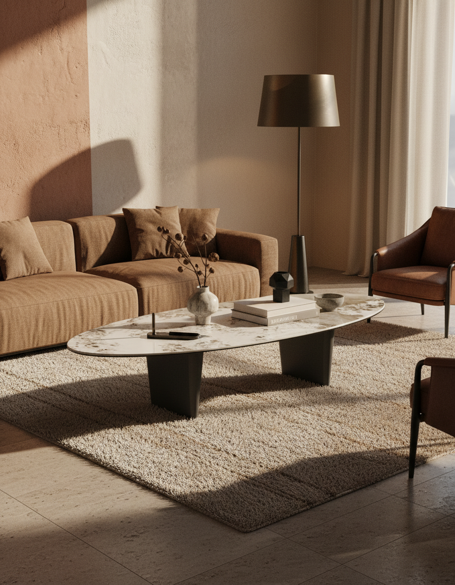 
Grosser Design Couchtisch „Goliath“ - Tischplatte: Marmoroptik Calcatta / Füsse: Schwarz / Länge 140 cm, Breite 70 cm, Höhe 45 cm