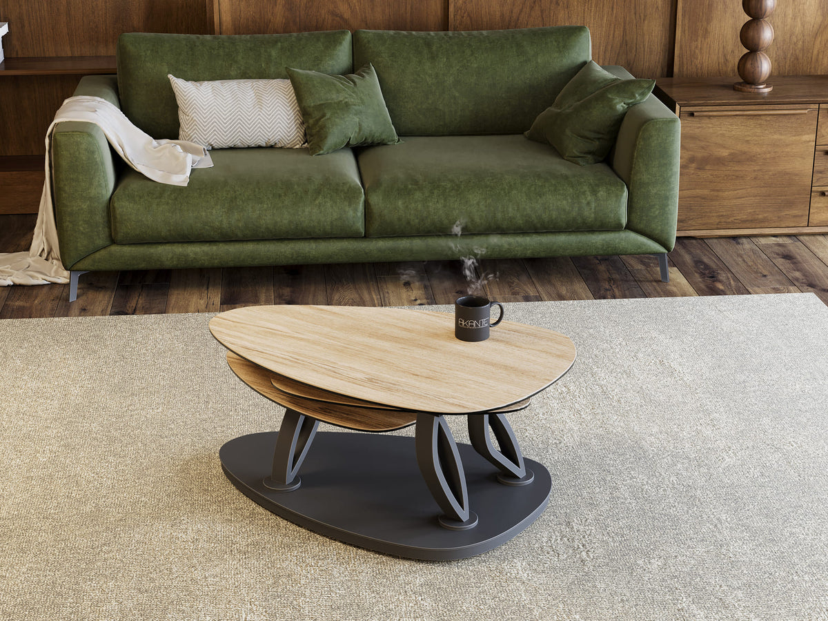 
Ausziehbarer, flexibler Design Keramik Couchtisch „Magnolias“ - Keramik Eiche hell / Ohne Rollen